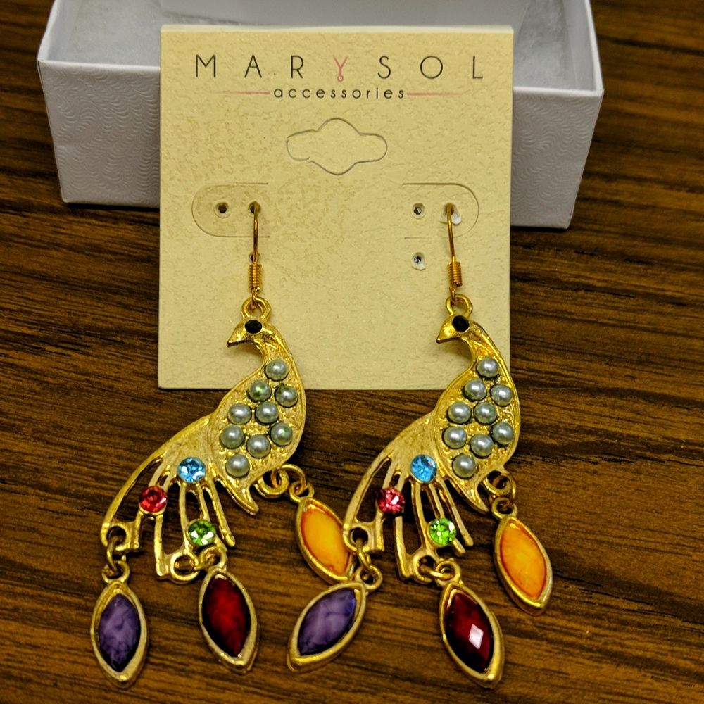 NOS Marysol Jewelry Peacock Rhinestone Dangle Pierced Earrings